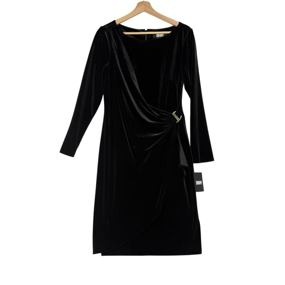 DKNY Womens Black Velvet Midi Wrap Front Dress Size 10 MSRP $134 NWT Zip Back